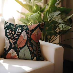 Bohemian Leaf And Floral Cushion In Earthy Tones On Dark Background Modern Botanical Throw Pillow Gift For Her Or Stylish Home Decor