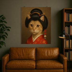 Vintage Style Geisha Cat Portrait In Kimono With Elegant Hairstyle And Warm Tones For Whimsical Animal Lovers Wall Decor And Gift Ideas