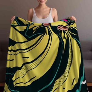 Couverture Pop Art Bouquet de bananes | Jeté design fruit amusant pour la cuisine ou le salon | Cadeau de Noël original pour elle ou pour lui