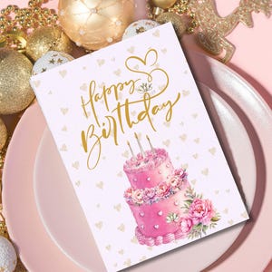 Elegante tarjeta de cumpleaños rosa / Tarjeta de felicitación de cumpleaños con forma de pastel floral para imprimir / Tarjeta de felicitación digital / Descarga instantánea