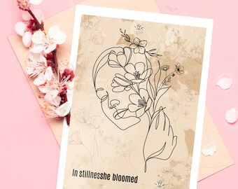 In Stillness She Bloomed Wall Art – Minimalist Line Art – Floral Woman Poster – Inspirational Quote Print –Home Decor SVG – Digital Download