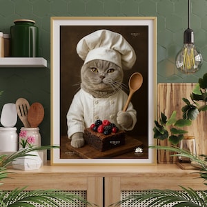 Art mural drôle de chat chef | Poster chat IA à téléchargement immédiat | Pâtissier Kitty | Jolie cuisine à imprimer | Art numérique de chat | Affiche de café PNG