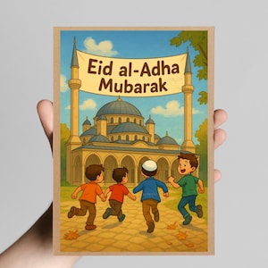 Pôster de Eid al-Adha Mubarak – Ilustração de Mesquita com Crianças Correndo – Arte de Parede de Feriado Islâmico para Quarto Infantil – Evento Islâmico Elegante