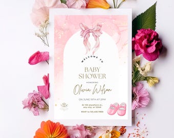 Elegant Pink Baby Shower Invitation Digital Download | Watercolor Ribbon & Gold Accents | Modern Baby Shower Invite SVG | Instant Download