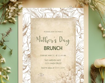 Mother’s Day Brunch Invitation Template PDF | Vintage Floral Background Digital | Editable Canva | A2 Size PDF PNG | Instant Download