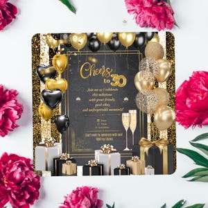 Elegante invitación para el 30.° cumpleaños, invitación digital en dorado y negro para fiesta, celebración de un hito, plantilla de cumpleaños editable, descarga instantánea