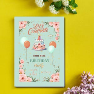 Elegante invitación floral para fiesta de cumpleaños / Tema de pastel y globos pastel / Decoración de celebración imprimible / Descarga digital para eventos especiales
