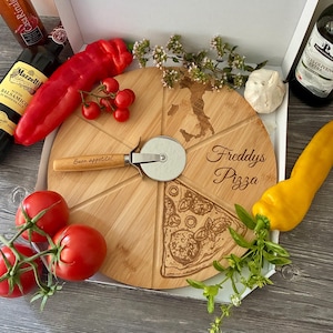 Verschiedene Pizzasets – Holz-Pizzateller mit Gravur + Pizzaschneider im Pizzakarton