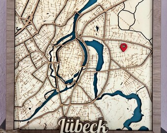 Wunschort als Holzkarte – 3D Stadtkarte – Handgemachte Deko mit Standortpersonalisierung