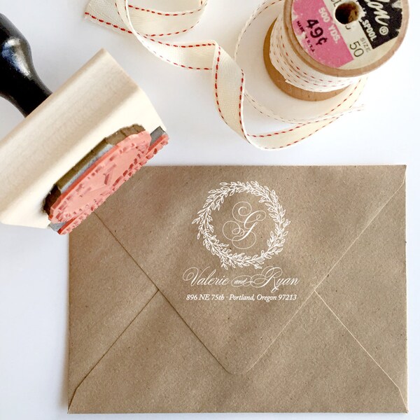 Custom Monogram Stamp - YOUR CUSTOM WORDING - Laurel Wreathe