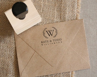 Custom Monogram Stamp - YOUR CUSTOM WORDING - Wreathe