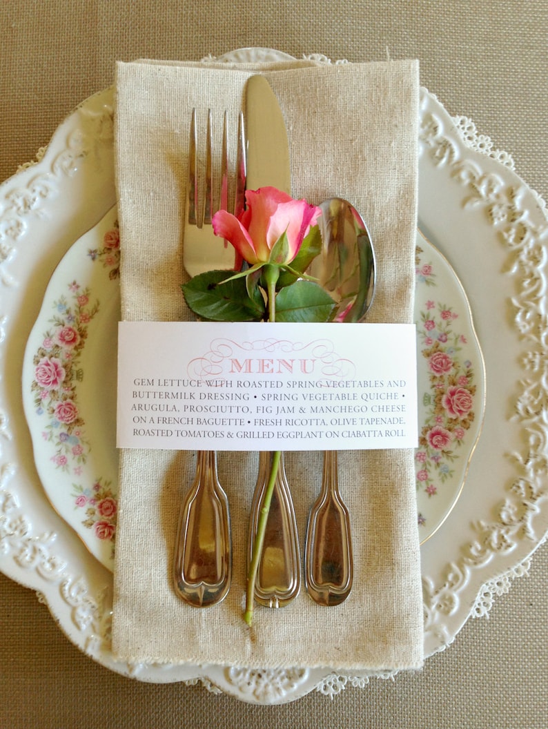 50 QTY Wedding Menu Napkin Wraps, Customizable & Affordable image 1