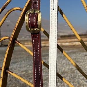 Puede incluir: Primer plano de dos correas de cuero para aparejos de caballo. Una es de color marrón oscuro con costuras blancas y una hebilla dorada. La otra es blanca con costuras blancas. Las correas cuelgan contra una estructura metálica amarilla.