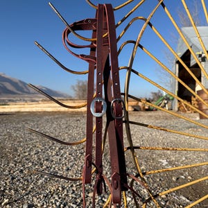 Puede incluir: Un par de riendas de caballo de cuero marrón oscuro con hebillas plateadas y costuras decorativas. Las riendas cuelgan sobre un fondo de un implemento agrícola de metal amarillo desgastado y un cielo azul claro.