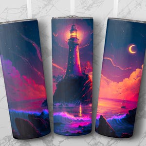 Faro onde del mare PNG avvolgente per bicchiere da 20 once, download digitale, arte tramonto chiaro di luna, design sublimazione bicchiere PNG