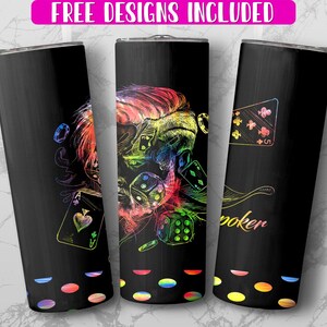 Tumbler Wrap da 20 once a tema poker PNG, design neon colorato, dadi e carte glitterate, download digitale, sublimazione del tumbler dritto