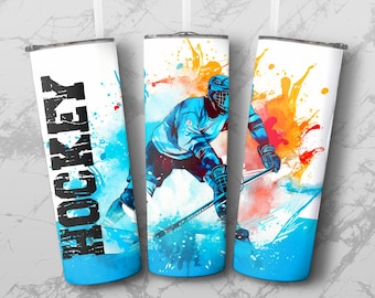 Hockey Tumbler Wrap, Hockey Player Watercolor Art, 20oz Skinny Tumbler Sublimation, Sports Tumbler Design, PNG