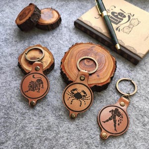 Leather Zodiac Keychain: Double-Sided Engraved Star Sign
