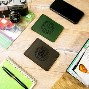 Personalized Slim Leather Wallet for Men with Symbolic Engraving, Norse, Celtic, Viking Bifold Card Holder, Handmade Gift Idea