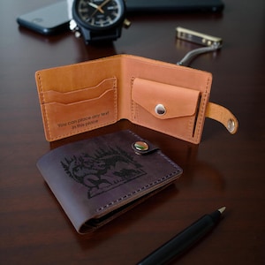 Cartera plegable de cuero personalizada: tarjetero y monedero grabado, hecha a mano