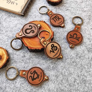 Personalized Leather Zodiac Keychain: Custom Engraved Astrology Sign