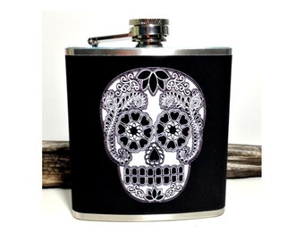 Sugar Skull Flask, Day of the Dead Skulls, Dia de los Muertos, Bridesmaid Flask, Edgy Groomsmen, Wedding Gift