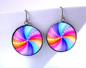 Rainbow Fractal Dangle Earrings Psychedelic Jewelry -Hippie Raver Burner Boho UV black light Reactive