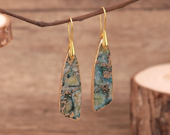 Pendientes de arena marina natural, pendientes de chakras, pendientes de jaspe, pendientes estilo bohemio, joyas para mujer, pendientes con borde dorado, regalo para ella