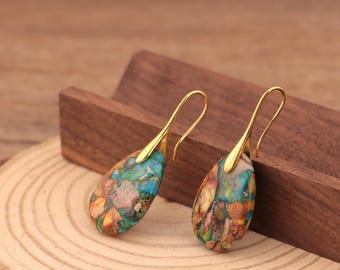 Pendientes de lágrima de jaspe sedimentario marino: piedra preciosa estilo bohemio, ganchos dorados, pendientes curativos