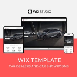 May include: A website template for car dealerships and showrooms, featuring a sleek design with a silver car on a dark background. The website is displayed on a laptop, tablet, and smartphone, showcasing its responsiveness.