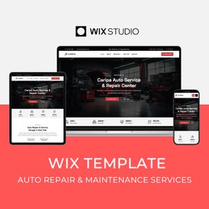 May include: A Wix Studio template showcasing a website design for an auto repair and maintenance service. The design is displayed on a laptop, tablet, and smartphone, with a red and white color scheme. The website features the text "Caripa Auto Service & Repair Center."