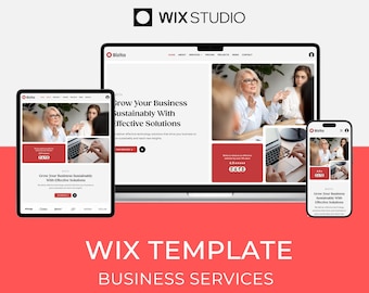 May include: A digital mockup showcasing a website design on a laptop, tablet, and smartphone. The design features a red and white color scheme with the text "Grow Your Business Sustainably With Effective Solutions." The Wix Studio logo is at the top.
