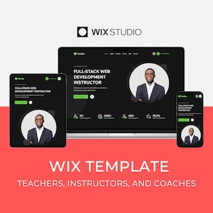 May include: A Wix Studio website template displayed on a laptop, tablet, and smartphone. The template features a black and green design with the text "FULL-STACK WEB DEVELOPMENT INSTRUCTOR." The image includes the Wix Studio logo and the text "WIX TEMPLATE TEACHERS, INSTRUCTORS, AND COACHES."
