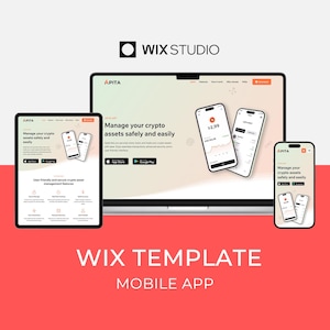 Könnte beinhalten: Eine Wix Studio Mobile-App-Vorlage zum Verwalten von Krypto-Assets. Die Vorlage verfügt über einen hellen Hintergrund mit einem Handy-Mockup, das eine Krypto-App-Oberfläche anzeigt. Der Text "Verwalten Sie Ihre Krypto-Assets sicher und einfach" wird auf dem Bildschirm angezeigt. Die App ist sowohl im App Store als auch bei Google Play verfügbar.