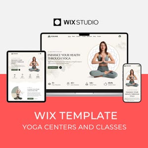 May include: A Wix Studio template for yoga centers and classes. The image shows a laptop, tablet, and smartphone displaying a website with a woman in a yoga pose. The text reads "Enhance Your Health Through Yoga."