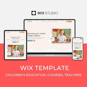 May include: A Wix Studio template showcasing a children's education website design. The design is displayed on a laptop, tablet, and smartphone, featuring a child painting. The text reads "Develop your child's hidden talents" and "Children's Education, Courses, Teachers."
