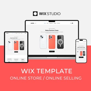 Può includere: Immagine promozionale di un modello Wix Studio per un negozio online. L'immagine presenta un laptop, un tablet e uno smartphone che mostrano un sito web che vende custodie per telefoni. Le custodie sono bianche, arancioni e nere. Il testo recita "Wix Template" e "Online Store / Online Selling."