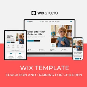 以下が含まれることがあります： Kidlan Elite French Center for Kidsのウェブサイトデザインを示すWix Studioテンプレート。デザインは、ラップトップ、タブレット、スマートフォンに表示され、赤と白の背景があります。ウェブサイトには、メガネをかけた若い学生と地球儀が描かれています。