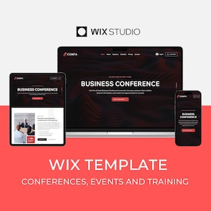 May include: A Wix Studio template for conferences, events, and training. The template features a dark background with red accents and the text "Business Conference" in white. The template is shown on a laptop, tablet, and smartphone.