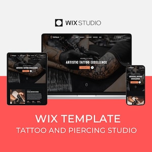 Könnte beinhalten: Eine Wix Studio Website-Vorlage für ein Tattoo- und Piercingstudio, dargestellt auf einem Laptop, Tablet und Smartphone. Die Bildschirme zeigen eine dunkle Benutzeroberfläche mit dem Text "ARTISTIC TATTOO EXCELLENCE" und Bildern eines Tätowierers.