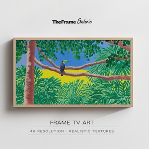 Peut inclure: Une œuvre d'art encadrée représentant un toucan perché sur une branche au milieu d'un feuillage vert et d'un ciel jaune et bleu. L'œuvre est intitulée "TheFrame Galerie" et "FRAME TV ART".