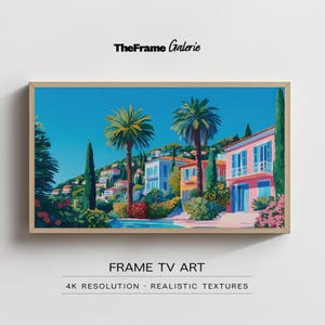 Peut inclure: Une impression encadrée d'un paysage côtier méditerranéen avec des palmiers, des bâtiments colorés et une piscine sous un ciel bleu clair. L'œuvre est intitulée "TheFrame Galerie" et "FRAME TV ART".