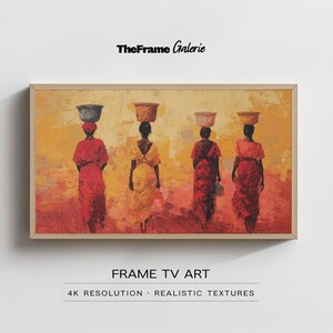 Peut inclure: Une œuvre d'art encadrée représente quatre personnages en robes colorées, chacun portant un panier sur la tête. Les personnages se détachent sur un fond chaud et texturé de teintes orange et rouge. L'œuvre est intitulée "TheFrame Galerie".