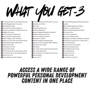 large 190+ audiobook collection emphasizing high value self improvement bundle with motivation, success, and mindset audio content.
self help audiobook topics including discipline, confidence, wealth mindset, productivity, and personal growth in MP3 audio format
success audiobook
digital audiobook
self help mp3 bundle
personal growth audio
audiobook collection mp3
success mindset audio
audio learning bundle
motivation mp3 download
self improvement bundle
mindset mp3 audio