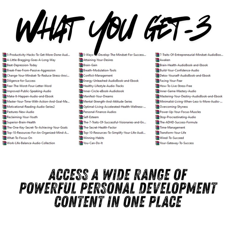 large 190+ audiobook collection emphasizing high value self improvement bundle with motivation, success, and mindset audio content.
self help audiobook topics including discipline, confidence, wealth mindset, productivity, and personal growth in MP3 audio format
success audiobook
digital audiobook
self help mp3 bundle
personal growth audio
audiobook collection mp3
success mindset audio
audio learning bundle
motivation mp3 download
self improvement bundle
mindset mp3 audio