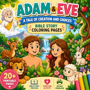 Op de afbeelding: Een digitale cover voor Adam & Eve: A Tale of Creation and Choices Bible Story Coloring Pages. De illustratie toont een man en vrouw, een slang, een leeuw, een hert, een konijn, een schaap en een figuur in de wolken, met 20+ pagina's.