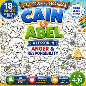 May include: A black and white Bible coloring book cover featuring the title "Cain & Abel" with the subtitle "A Lesson in Anger & Responsibility." The cover includes illustrations of biblical scenes and text that reads "18 Pages of Faith & Fun!" and "Ages 4-10."