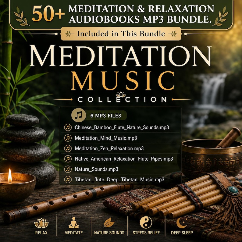 Meditation Music Collection audiobook included in a 50+ Meditation & Relaxation Audiobooks MP3 Bundle. Guided relaxation music, meditation audio, nature sounds, mindfulness tracks, stress relief, deep relaxation, sleep improvement, and calming MP3 downloads for wellness and meditation practice.
Relaxing meditation music, nature sounds, stress relief audio, mindfulness, and sleep.
Relaxation, meditation, nature sounds, stress relief, & better sleep through soothing audio experiences.