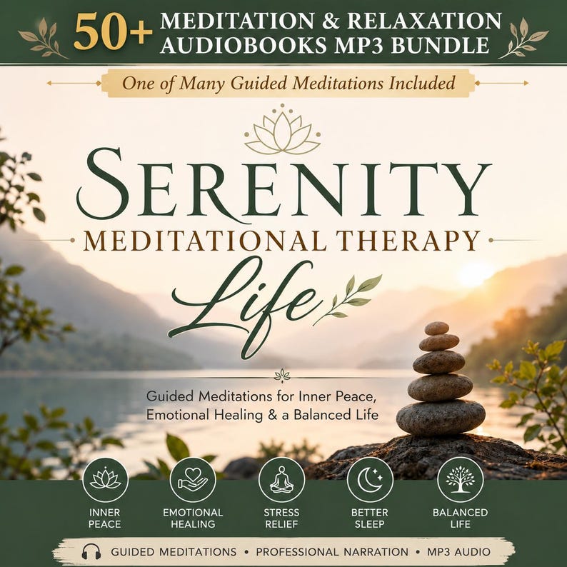 Serenity Meditational Therapy Life guided meditation audiobook included in a 50+ Meditation & Relaxation Audiobooks MP3 Bundle. Meditation audio for inner peace, emotional healing, mindfulness, stress reduction, relaxation, sleep improvement, personal growth, and balanced living. Digital MP3 download.
Guided meditation audio for inner peace, emotional healing, stress relief, better sleep, & balanced living.
Inner peace, emotional healing, stress relief, better sleep, & achieving a balanced life.