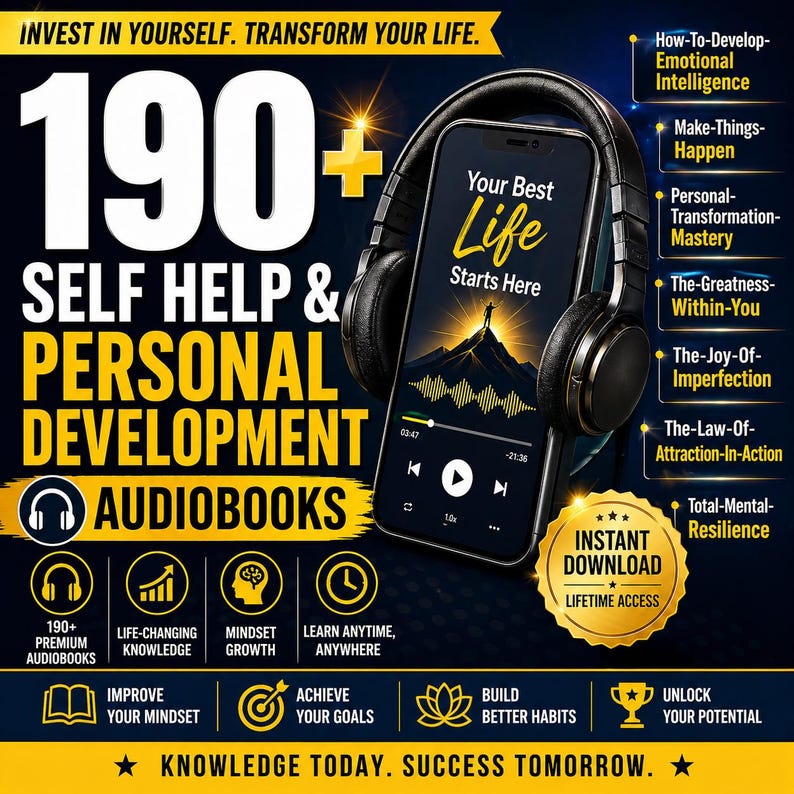 simple instant download process for audiobook bundle showing purchase, download, and start listening steps for digital product delivery
busy person listening to personal development audiobooks while working or commuting, highlighting flexible learning through audio format
all in one self help audiobook bundle with 190 plus MP3 audios encouraging personal growth, motivation, and success through digital download.